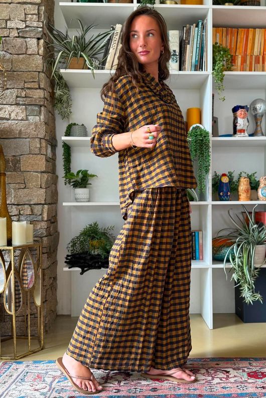 Bibi Gingham Frill Neck Shirt Ochre
